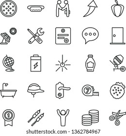 thin line vector icon set - concrete mixer vector, small tools, long meashuring tape, bath, door knob, ntrance, helmet, speech, coins, mini hot dog, barbecue, strawberries, bottle, ripe pepper