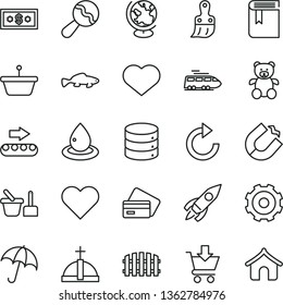thin line vector icon set - heart symbol vector, truck lorry, clockwise, book, beanbag, toy sand set, teddy bear, plastic brush, fence, umbrella, big data, put in cart, small fish, drop of oil, pan