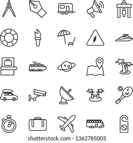 thin line vector icon set - electricity vector, drawing compass, satellite antenna, saturn, stopwatch, ink pen, flame torch, train, car baggage, camper, bus, security gate, suitcase, scanner, plane