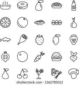 thin line vector icon set - bundle of eggs vector, burger, slices onion, cake with a hole, apple pie, hot porridge, grill chicken leg, cabbage, sushi set, small fish, cocktail, strawberry, pear