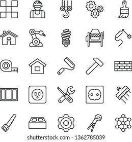thin line vector icon set - house vector, dwelling, brickwork, winch hook, cogwheel, concrete mixer, window frame, small tools, adjustable wrench, arm saw, measuring tape, new roller, f, tile, gears