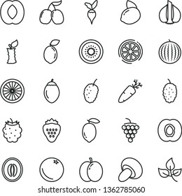 thin line vector icon set - porcini vector, carrot, strawberry, orange, apple, half apricot, large grape, blackberry, mulberry, tasty, cornels, water melon, peach, lemon, yellow, of kiwi, tamarillo
