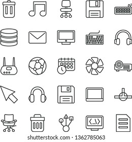 thin line vector icon set - keyboard vector, screen, notebook pc, fan, usb, router, headphones, network, connect, trash bin, floppy, coding, projector, note, chair, big data, mail, schedule clock