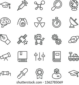 thin line vector icon set - vector e, telescope, molecule, nuclear, zoom, brain, gears, settings, satellite, bactery, book, pipette, globe, scientist, graduate hat, medal, robot, antenna, saturn