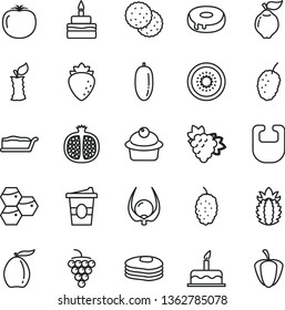 thin line vector icon set - bib vector, cake, muffin, slice, birthday, with a hole, coffee to go, biscuit, pancakes, honeycombs, half pomegranate, branch of grape, large, quince, raspberry, mulberry