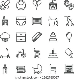 thin line vector icon set - baby cot vector, storage unit, dummy, measuring bottle for feeding, nappy, powder, bib, stroller, sitting, comb, cloud, stacking rings, toy mobile phone, a chair, child