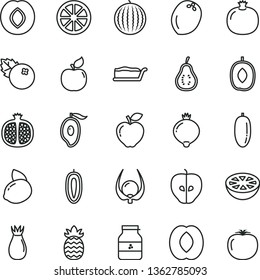 thin line vector icon set - cake slice vector, jar of jam, blueberries, pomegranate, half, apricot, red apple, tasty, plum, rose hip, medlar, water melon, mango, delicious, peach, date fruit, sweet