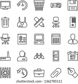 thin line vector icon set - daily calendar vector, clip, briefcase, wicker pot, calculator, interroom door, writing accessories, employee, screen, article on the dollar, dispatcher, conversation