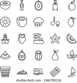 thin line vector icon set - wicker pot vector, rainy cloud, bottle of soda, pear, strawberry, slice water melon, mango, delicious plum, half loquat, kiwi, guava, coconut, ripe pineapple, leaves