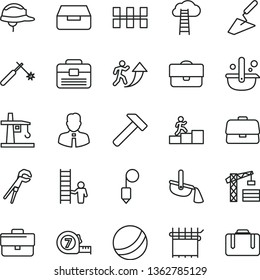 thin line vector icon set - briefcase vector, bath ball, tower crane, trowel, adjustable wrench, long meashuring tape, portfolio, ceramic tiles, helmet, plummet, hammer, employee, drawer, welding
