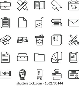 thin line vector icon set - scissors vector, add bookmark, scribbled paper, e, books, sample of colour, writing accessories, electronic boiler, calendar, envelope, book, drawer, bag with handles