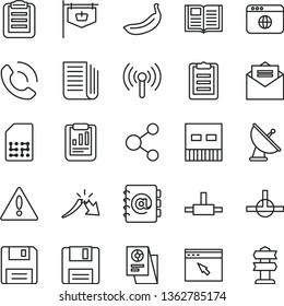 thin line vector icon set - warning vector, received letter, book, address, phone call, banana, SIM, vintage sign, connection, a crisis, statistical report, research, newspaper, usb, browser, floppy