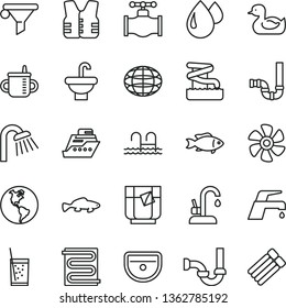 thin line vector icon set - mug for feeding vector, rubber duck, washbasin, sink, shower, siphon, sewerage, heating coil, faucet mixer, kitchen, small fish, a glass of soda, tea, marine propeller