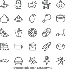 thin line vector icon set - baby duckling vector, tumbler, children's potty, small teddy bear, funny hairdo, train, yule, Kick scooter, car, canned goods, pizza, chicken leg, piece of meat, pepper