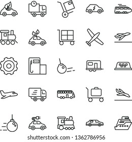 thin line vector icon set - truck lorry vector, cargo trolley, baby toy train, big core, delivery, shipment, modern gas station, eco car, environmentally friendly transport, electric, Express, plane