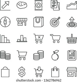 thin line vector icon set - paper bag vector, grocery basket, growth chart, positive histogram, cart, put in, crossed, with handles, kiosk, coins, piece of meat, blueberry, oil, shopping, goal woman