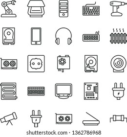 thin line vector icon set - keyboard vector, drill, power socket type f, heating coil, headphones, smartphone, lens, plug, electric, assembly robot, cast iron radiator, pc supply, tower, motherboard