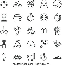 thin line vector icon set - stopwatch vector, bath ball, motor vehicle, present, warm hat, timer, car, racer, flame torch, winner, podium, cup, target, medal with pennant, aim, sail boat, bike, pool
