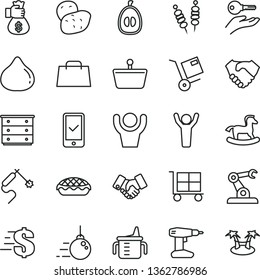 thin line vector icon set - cargo trolley vector, dollar, chest of drawers, measuring cup for feeding, small rocking horse, big core, drill, shipment, fried vegetables on sticks, apple pie, fig, bag