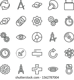 thin line vector icon set - clock face vector, renewal, plus, minus, clockwise, tumbler, gear, left bottom arrow, eye, timer, CD, porcini, plate, accumulator, scribed compasses, Measuring, gears
