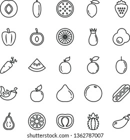 thin line vector icon set - Hot Dog vector, chili, carrot, fried egg, strawberry, apricot, plum, rose hip, fig, blueberry, date fruit, half cherry, passion, lemon, juicy, of, orange, guava, part