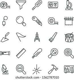 thin line vector icon set - yardstick vector, zoom, out, wind direction indicator, electronic thermometer e, mercury, drum, trowel, arm saw, measuring tape, long meashuring, construction level