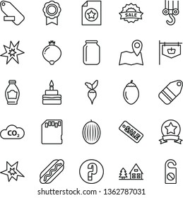 thin line vector icon set - remove label vector, question, winch hook, Hot Dog, birthday cake, bottle, medlar, melon, tamarillo, radish, CO2, jar, vintage sign, season sale, sd card, medal, bang