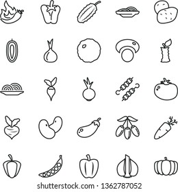 thin line vector icon set - onion vector, slices of, meat on skewers, cabbage, tomato, pepper, beet, carrot, goji berry, sweet date fruit, apple stub, Bell pepper, ripe, hot, garlic, potato, peas