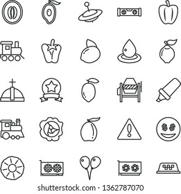thin line vector icon set - warning vector, baby toy train, children's, yule, colored air balloons, concrete mixer, building level, pepper, squash, quince, half of mango, loquat, melon, lemon, yellow