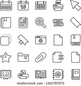 thin line vector icon set - clip vector, add bookmark, clean sheet of paper, zoom, folder, e, books, calendar, star, book, notebook, address, delete page, copy, statistical report, wall, printer