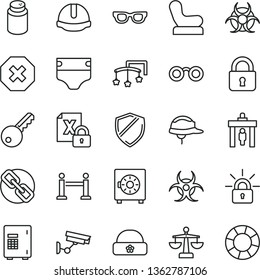 thin line vector icon set - mark of injury vector, spectacles, scales, toys over the cot, diaper, powder, Baby chair, warm hat, construction helmet, lock, strongbox, encrypting, glasses, biohazard