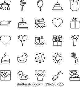 thin line vector icon set - heart symbol vector, toys over the cradle, bib, rubber duck, baby duckling, toy train, children's, colored air balloons, balloon, birthday cake, gift, slice, Chupa Chups