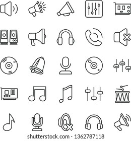 thin line vector icon set - desktop microphone vector, horn, silent mode, drumroll, bell, music, regulator, volume, no sound, phone call, megaphone, loudspeaker, pc card, cd, headphones, speaker