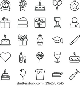 thin line vector icon set - tassel vector, colored air balloons, balloon, cake, heart, gift, square academic hat, Easter, piece of, slice, torte, birthday, lollipop, glass, bottle, giftbox, gold cup