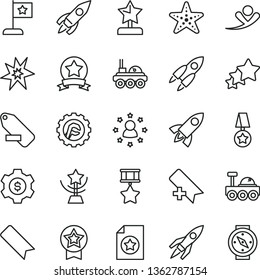 thin line vector icon set - add bookmark vector, remove label, star gear, rocket, lunar rover, bang, cup, reward, flag, medal, hero, ribbon, certificate, dollar, stars around man, three, flying