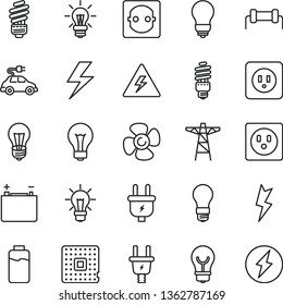 thin line vector icon set - lightning vector, danger of electricity, matte light bulb, saving, power socket type b, fan screw, charge level, accumulator, pole, plug, electric, energy, car, processor