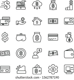 thin line vector icon set - bank card vector, dollar, cards, reverse side of a, front the, denomination, catch coin, wallet, purse, money, dollars, cash machine, cashbox, bag hand, rain, mortgage