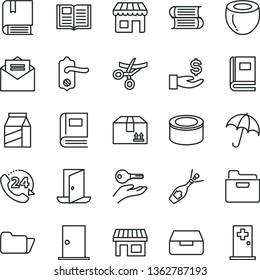 thin line vector icon set - vector e, books, door knob, ntrance, received letter, book, umbrella, folder, drawer, cardboard box, 24, package, canned goods, half of coconut, kiosk, stall, get a wage