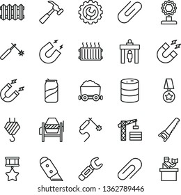 thin line vector icon set - clip vector, tower crane, hook, concrete mixer, hand saw, gear, knife, new radiator, hammer with claw, soda can, barrel, magnet, welding, gas, steel repair key, aluminum