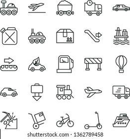 thin line vector icon set - baby toy train vector, child Kick scooter, traffic signal, delivery, cardboard box, shipment, sea port, coal mining, gas station, production conveyor, canister, eco car