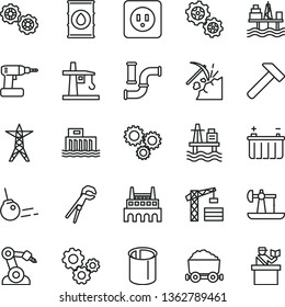 thin line vector icon set - tower crane vector, gears, adjustable wrench, cordless drill, power socket type b, hammer, core, sea port, commercial seaport, oil derrick, coal mining, water pipes, line