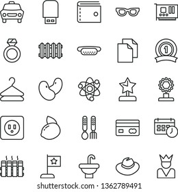 thin line vector icon set - purse vector, clean paper, hat, iron fork spoons, washbasin, power socket type b, radiator, new, car, hanger, mini hot dog, yellow lemon, beans, pc, usb flash, atom, cup