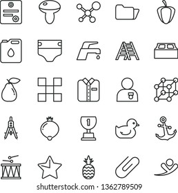 thin line vector icon set - diaper vector, baby duckling, drumroll, ladder, tile, building block, faucet mixer, star, anchor, folded shirt, clip, mushroom, a pineapple, pear, medlar, ripe pepper