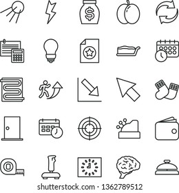 thin line vector icon set - renewal vector, negative chart, warm socks, measuring tape, bulb, ntrance door, calculation, lightning, heating coil, artificial satellite, cake slice, apple, wallet, aim