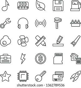 thin line vector icon set - hand saw vector, portfolio, key, writing accessories, drawing, estimate, lightning, star, headphones, cards, fried egg, fan screw, leaf, gas station, conveyor, smd, note