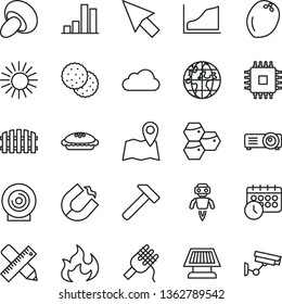 thin line vector icon set - writing accessories vector, fence, hammer, lens, spaghetti, porcini, pie, biscuit, honeycombs, coconut, horseshoe magnet, planet, bar chart, cpu, projector, cursor, cloud