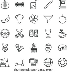 thin line vector icon set - tassel vector, scissors, e, Kick scooter, brickwork, earth, anchor, cheese, mushroom, glass, strawberry, tasty plum, banana, half of passion fruit, garlic, beet, factory