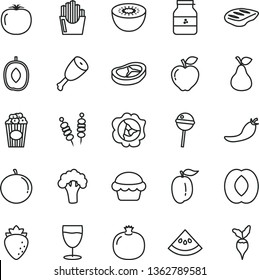 thin line vector icon set - fried vegetables on sticks vector, cake, chicken thigh, bacon, chop, Chupa Chups, potato slices, cup of popcorn, glass, jar jam, pear, pomegranate, squash, red apple