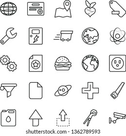 thin line vector icon set - repair key vector, sign of the planet, upward direction, plus, remove label, adjustable wrench, arm saw, dangers, move up, burger, beet, socket, canister oil, globe, file