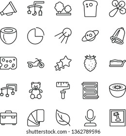 thin line vector icon set - paint roller vector, horn, pie chart, toys over the cradle, cot, baby rattle, teddy bear, sample of colour, suitcase, heating coil, bell, artificial satellite, slice